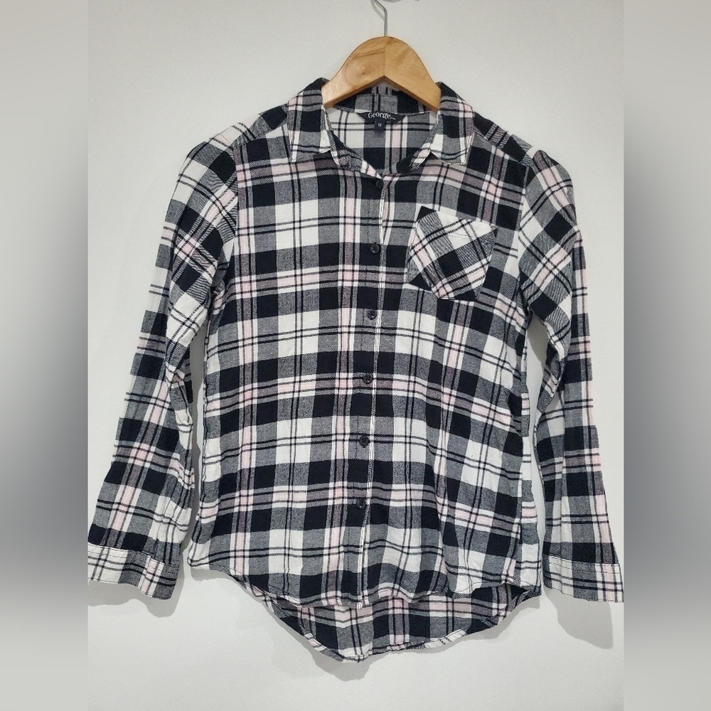 George girls plaid black white pink Flannel top size 10  NWOT